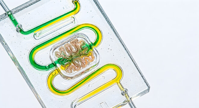 Macro view of a gut on a chip microfluidic device with an anatomical intestinal model and green and yellow liquid flow for gastrointestinal research, drug absorption, and biomedical testing with copy 