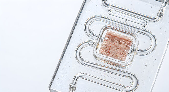 Macro view of a brain on a chip microfluidic device with an anatomical cerebral model and green and yellow liquid flow for neurology research, drug testing, and precision medicine with copy space.