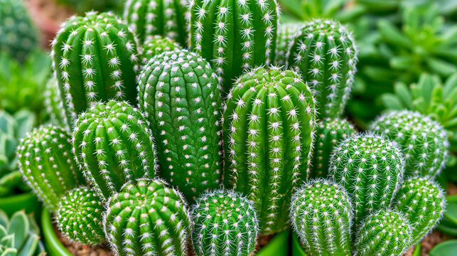 Group of small green cacti clustered together in a garden environment with botanical