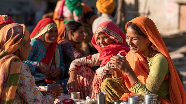 Women in traditional Indian clothing enjoying tea or drink in sunny outdoor spac