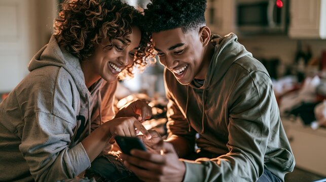 Two young people share a laugh while viewing content on smartphone
