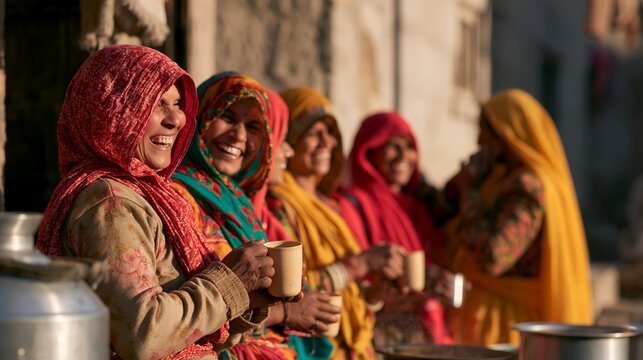 Women wearing vibrant scarves enjoy warm drinks together outdoors