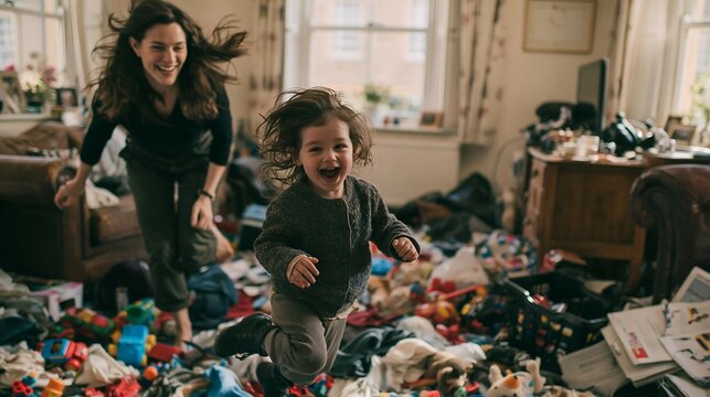 Young woman and child leap amid scattered toys and papers