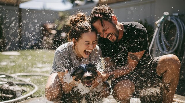 Young couple splashes water with small black and white dog outdoors