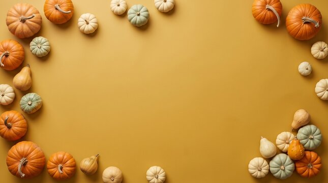 A beautifully arranged thanksgiving background featuring a delightful border of miniature pumpkins and frosted cookies creating a warm and inviting autumnal aesthetic perfect for holiday