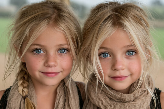Portrait of two identical young sisters with blue eyes and blonde hair