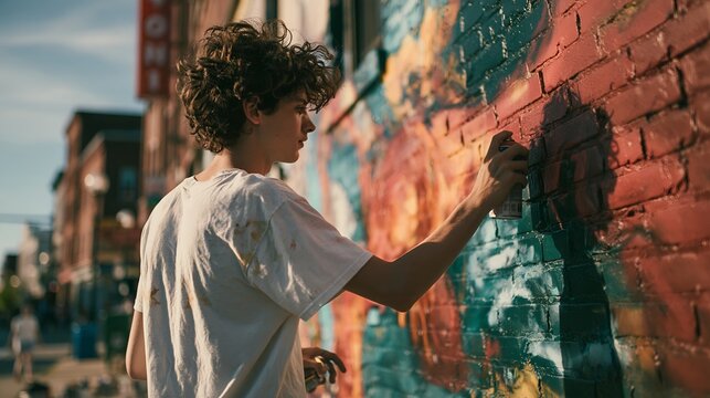 Boy adds colors to brick wall graffiti in sunny urban setting