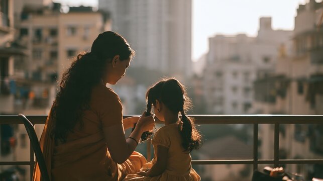 Mother and daughter share peaceful moment on city balcony at sunset