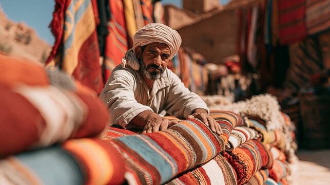 Man displays vibrant rugs in an outdoor marketplace under warm sunlight