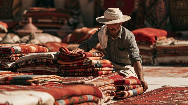 Man carefully folds vibrant handmade rugs under bright sunlight