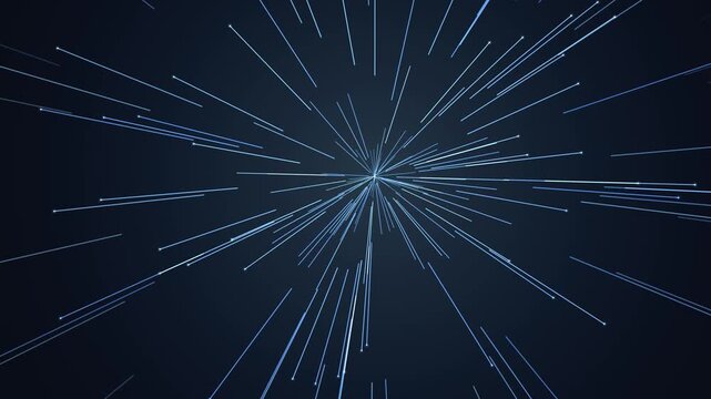 Blue hyperspace light trails radiating from center, warp speed fast motion starburst abstract cosmic space travel technology background