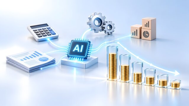 Artificial intelligence microchip connecting calculator and financial charts with descending coin bars for business cost reduction