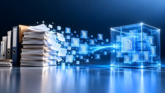 Paper documents streaming into glowing digital cube archive next to office binders for cloud storage and data transformation