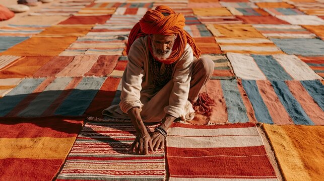 Person works on large, multicolored textile outdoors