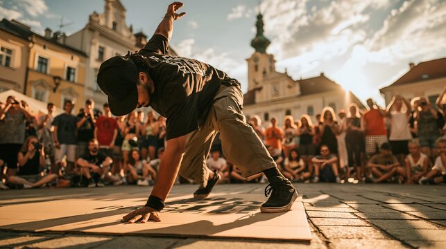 Street dancer executes acrobatic pose while spectators watch