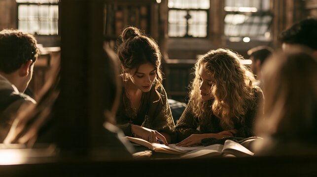 Students study together in cozy, sunlit library with old wooden furniture
