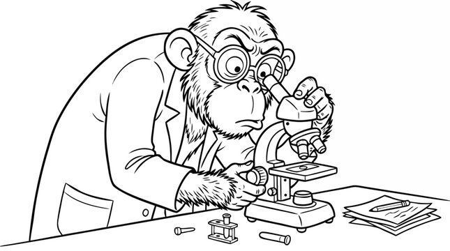 Vector line art illustration of a chimpanzee scientist wearing glasses and a lab coat looking through a microscope in a laboratory.