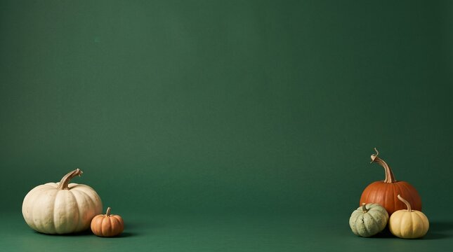 A serene and inviting thanksgiving backdrop featuring a variety of pumpkins and gourds against a deep emerald green wall perfect for holiday themed graphics and
