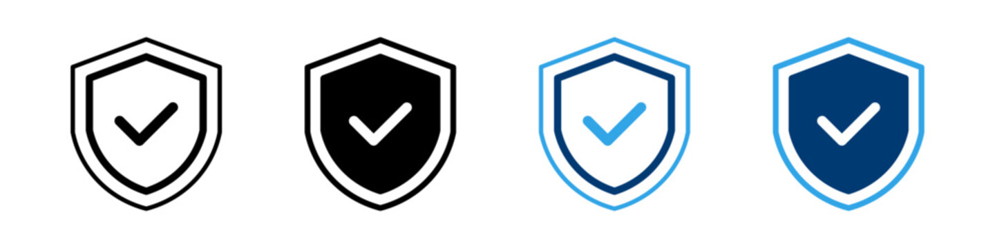 Shield icon with tick mark. Security protection shield symbol with checkmark representing privacy, defense, trust and approval