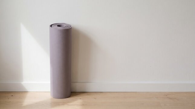 Rolled yoga mat standing upright against a white wall on a wooden floor with fitness exercise wellness