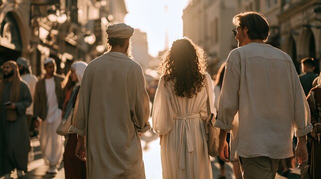 Three people walk through a bustling urban street at golden hour