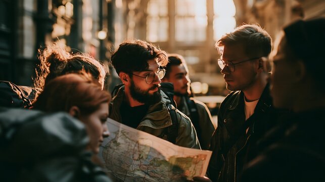 Young people on city street, studying map, discussing route