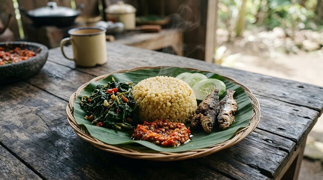 Traditional East Javanese nasi ampok, steamed corn-based rice served with saut&eacute;ed greens, salted fish, cucumber and spicy sambal on a banana leaf plate, rustic village food setting, realistic food pho