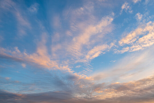 Beautiful scenic view of bright blue sky with white cirrocumulus clouds and copy space