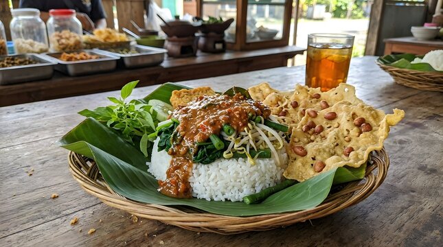 Traditional Indonesian nasi pecel, steamed rice topped with spinach, bean sprouts, long beans and rich peanut sauce, served with crispy rempeyek crackers on a banana leaf plate at a traditional Javane
