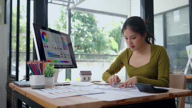 Asian graphic designer working on a color palette for a project, choosing swatches from a chart at her desk in a creative office