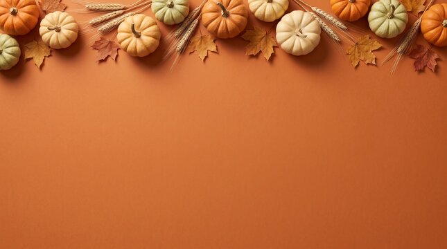 A beautiful thanksgiving background featuring a vibrant array of miniature pumpkins and colorful autumn leaves perfect for holiday greetings festive designs or seasonal presentations evoking