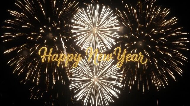 Happy new year gold text overlay with sparkling fireworks display for festive celebration and holiday greeting motion