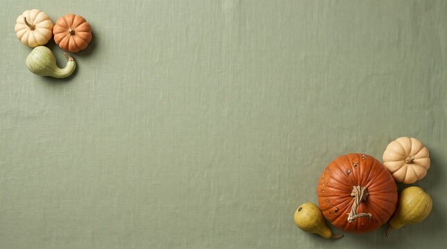 A serene thanksgiving background featuring a variety of pumpkins and gourds arranged on a textured sage green surface evoking feelings of warmth gratitude and the