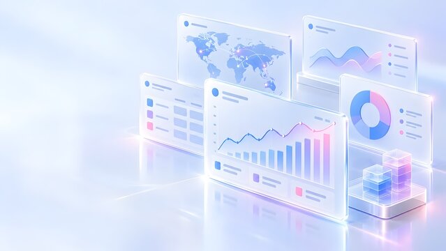Translucent glass dashboard panels displaying global network map rising bar graph and donut chart for business data analytics and performance