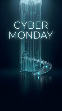 Vertical Cyber Monday Glass Sign with Turquoise Neon Lighting
