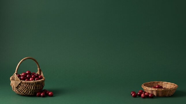 A beautiful and festive thanksgiving scene featuring two woven baskets overflowing with vibrant ripe cranberries set against a rich dark green backdrop perfect for holiday