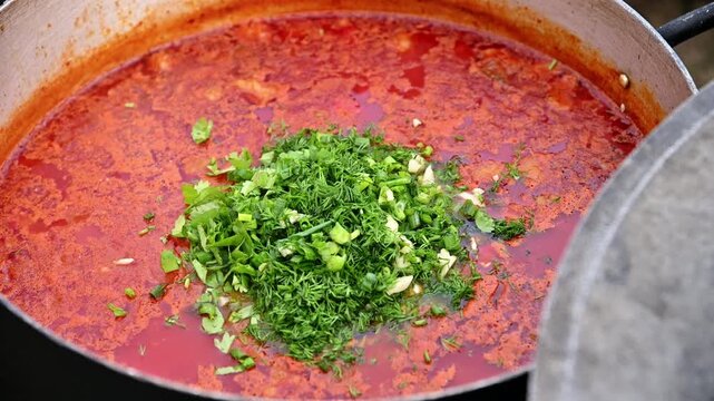 Adding herbs and garlic to red soup in pot