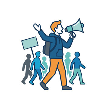Illustrated protest leader with megaphone leading march.