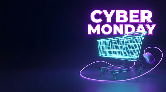 Cyber Monday Neon Shopping Cart with Electric Purple Light Trails