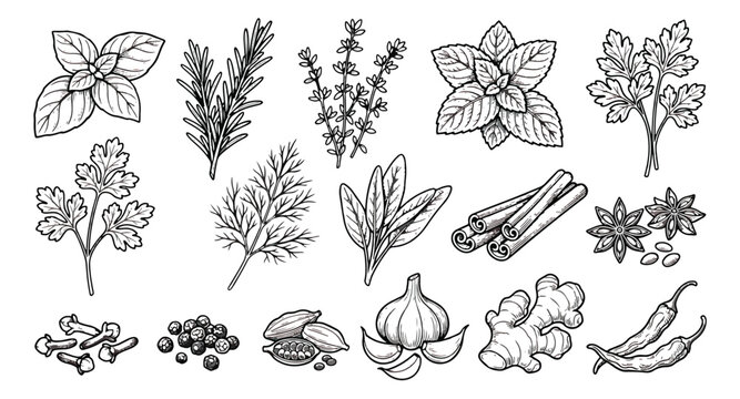 Vintage Hand Drawn Herbs and Spices Vector Set, Black and White Culinary Botanical Illustrations for Food Packaging