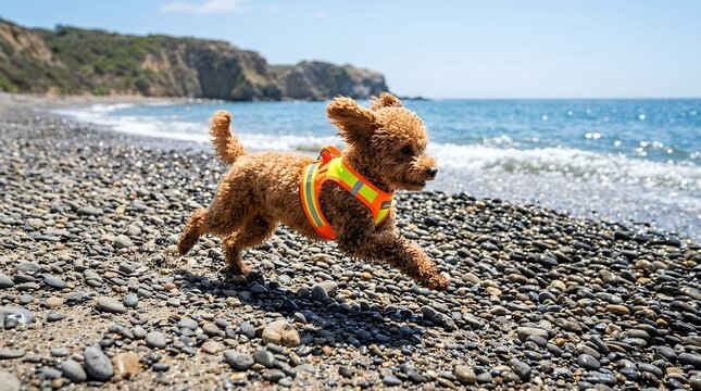 Miniature fluffy curly coated canine sprinting swiftly across a pebble strewn coastal shoreline wearing bright safety gear under brilliant summer sunlight animal small poodle dog running rocky beach