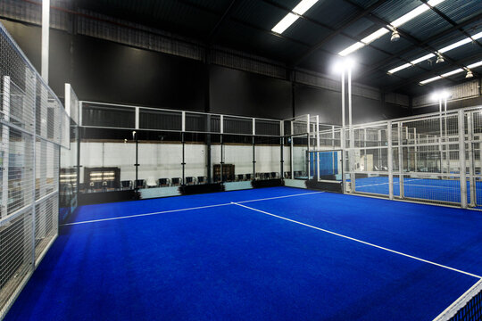 Blue Padel court background. Copy space for social media tournaments advertisement