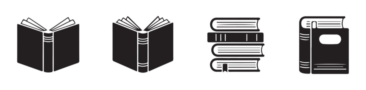 Set of black book illustrations containing open books and stack of volumes for library information systems.