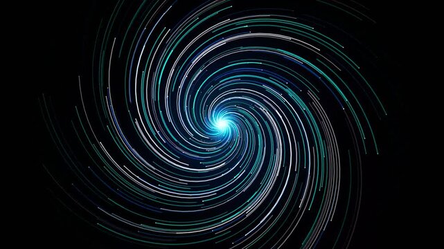 Abstract futuristic hyperspace tunnel with swirling neon light particles vortex motion background.