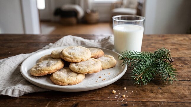 Freshly baked sugar cookies on a ceramic plate with a glass of milk and evergreen sprig on a rustic wooden table, capturing a cozy winter holiday atmosphere for seasonal snacks and festive baking