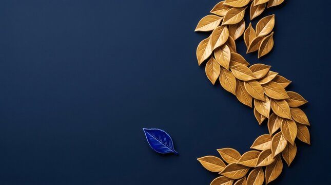 Single blue leaf resting near curved arrangement of golden leaves on navy blue background.