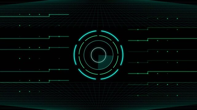 Futuristic radar interface scanning digital target on dark cyber grid background motion clip.