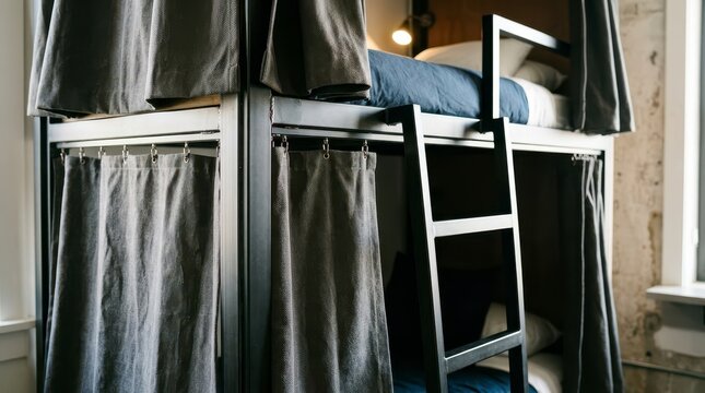 Bunk Bed with Privacy Curtains in a Modern Interior Space Featuring Comfortable Sleeping Arrangements in Natural Light