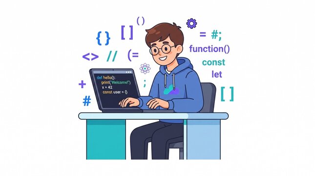 Programmer Avatar Vector Illustration with Laptop and Coding Symbols