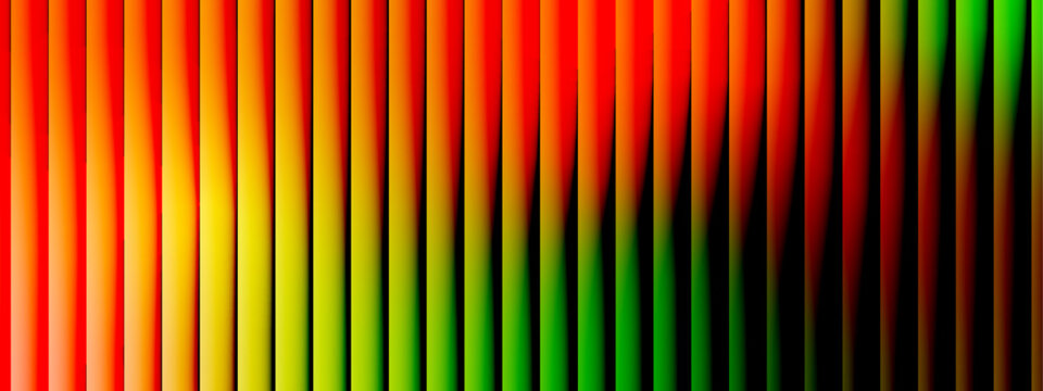 Abstract neon glass gradient background with iridescent holographic reflections and ribbed distortion. Abstract warm sunset gradient background with ribbed glass vertical lines. Colorful Rainbow Glass